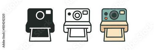 instant camera icons three small camera silhouettes with photo coming one flat solid monochrome one thin black outline black and white one full color flat icon soft retro colors
