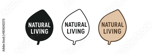 lettering icons three minimal shapes with text natural living one flat solid monochrome one thin black outline black and white one full color flat icon warm neutral palette