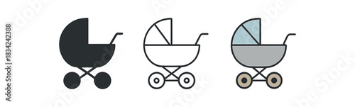 baby stroller icons three pram icons one flat solid monochrome one thin black outline black and white one full color flat icon soft gray and pastel