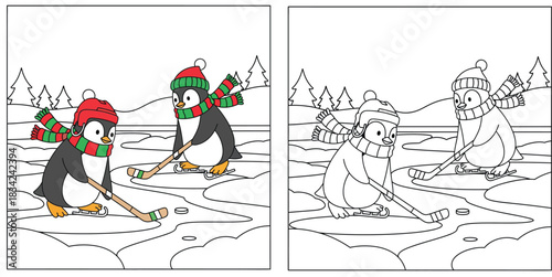 Coloring book page and colored example of two cute penguins playing ice hockey; happy cartoon animals skating on frozen pond; vector illustration for winter activity