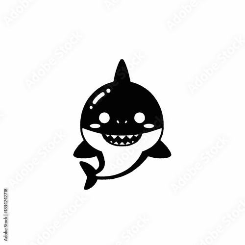 Cute cartoon killer whale illustration in black and white.