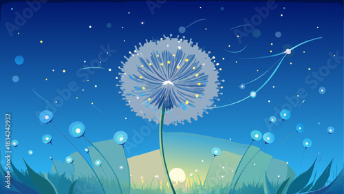 A delicate dandelion flower with shimmering seeds floating gently, set against a soft twilight blue background. Dreamy, ethereal composition ideal for nature art, wellness themes, and calming visuals