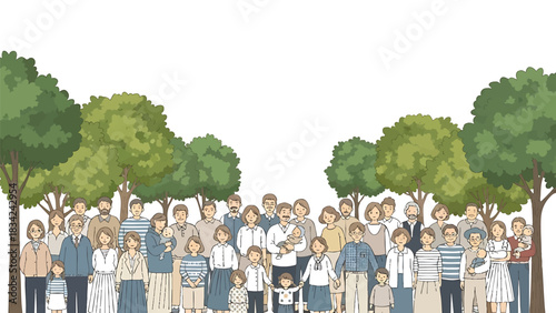 Large extended family standing together outdoors in front of green trees art illustration
