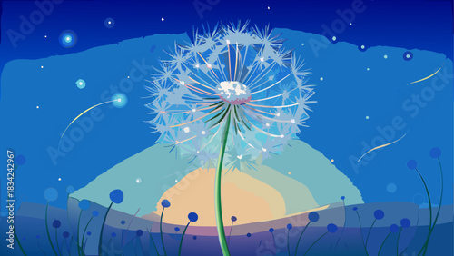 A delicate dandelion flower with shimmering seeds floating gently, set against a soft twilight blue background. Dreamy, ethereal composition ideal for nature art, wellness themes, and calming visuals