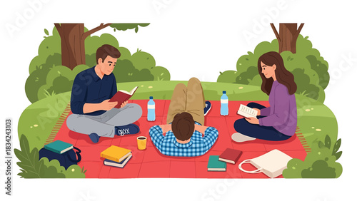 People enjoying reading books at an outdoor picnic blanket setting illustration