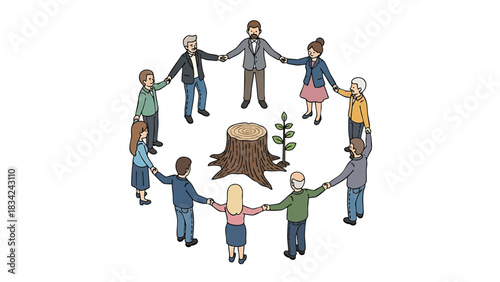 People join hands around a tree stump and new plant illustration