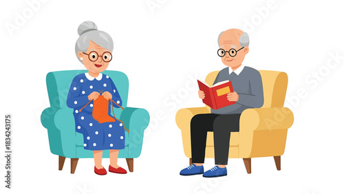 Senior couple relaxing in armchairs with knitting and reading books isolated