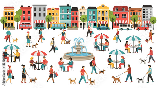 Vibrant city street scene featuring pedestrians dogs buildings and outdoor cafes