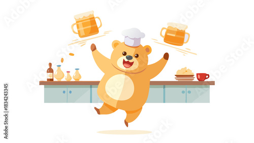 A chubby cartoon bear wearing a chef hat flipping pancakes high in the air, syrup bottles dancing, smiling pots, warm kitchen setting, delicious and funny scene