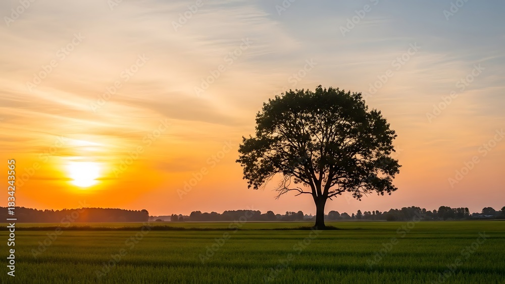 Fototapeta premium Vibrant Sunset Glow Illuminating a Solitary Tree Silhouette in a Lush Green Field.