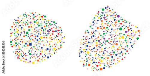 Two abstract shapes filled with colorful geometric confetti