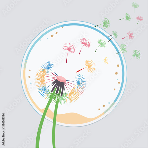 Stylized Dandelion Seed Head with Colorful Parachutes Dispersing on a Light Gray Background with Soft Lighting