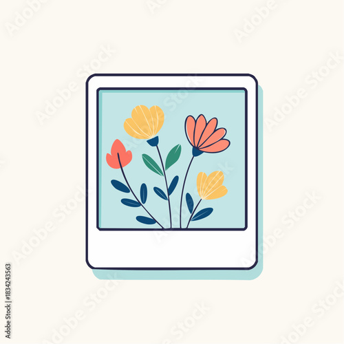 Instant Photo Frame Featuring A Colorful Illustration Of Blooming Flowers With Green Stems And Leaves Against A Light Blue Background