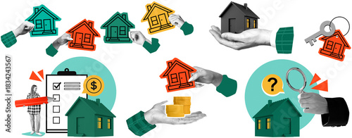 Colorful house icons with hands, checklist, coins, magnifying glass, and keys in collage style on isolated white background, symbolizing real estate concept