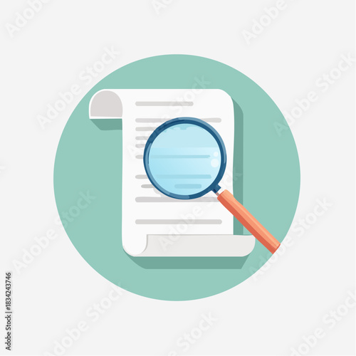 Document Examination Magnifying Glass Over Paper With Text Teal Circle Background Flat Design Style