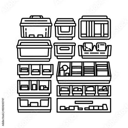 Various Storage Bins and Organizers Line Art Icon Set