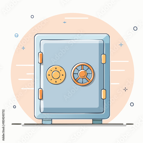 Illustration of a Light Blue Metal Safe with Orange Accents and a Circular Door Handle on a Light Orange Background with Abstract Shapes