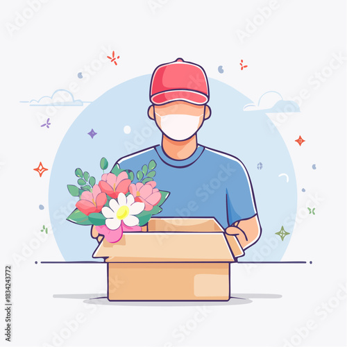 Delivery Person Wearing Face Mask Holds Pink Flowers Out Of Open Cardboard Box With Sparkles And Clouds In Background