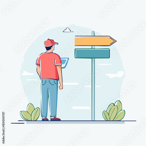 Man Wearing Red Cap And Orange TShirt Holding Tablet Standing In Front Of Directional Signpost With Two Arrows Pointing In Opposite Directions And Lush Green Bushes On A Cloudy Day