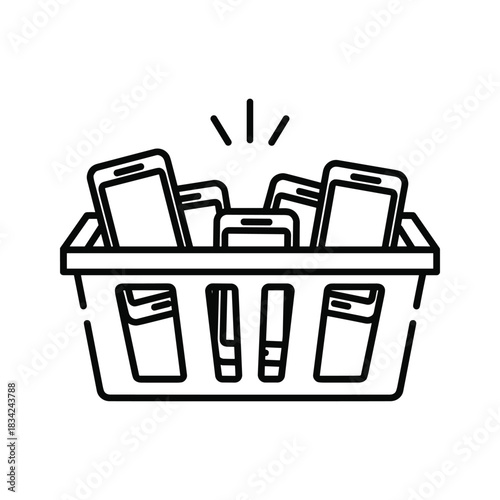 Mobile Phones in Shopping Basket Outline Icon