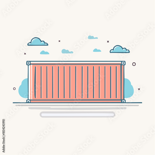 Coral Shipping Container With Blue Clouds In A Bright Sky And White Background