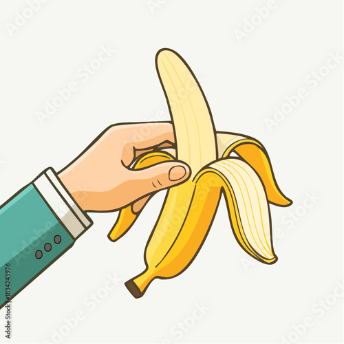 Close Up Of Person In Teal Jacket Peeling A Yellow Banana With White Background And Simple Graphics