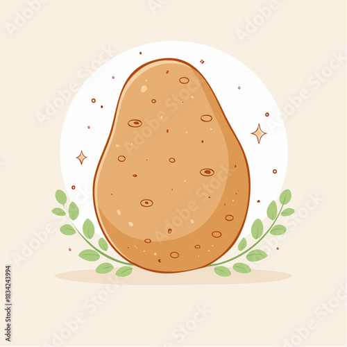 A Single Cartoon Potato With Sprouting Green Leaves Set Against A Light Peach Background With A Subtle Sparkle Effect Around It