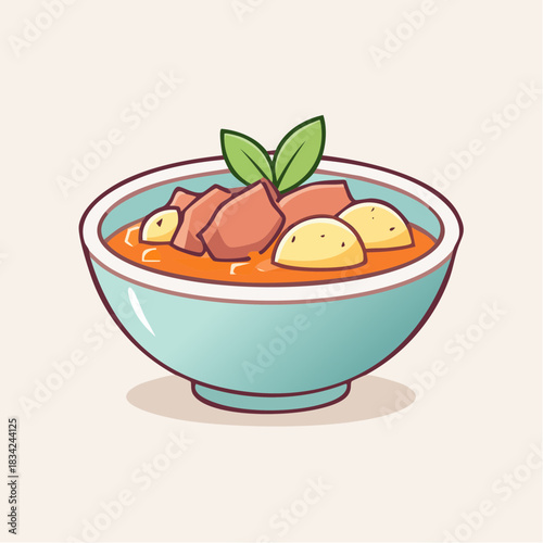 Pixel Art Style Bowl Of Hearty Stew With Potatoes And Meat Garnished With Green Leaves In A Light Colored Background