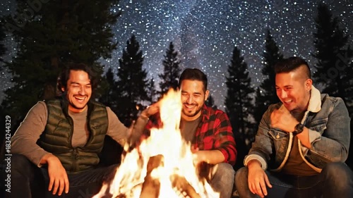 Three laughing men sitting around a bonfire in the woods, under a bright starry night
