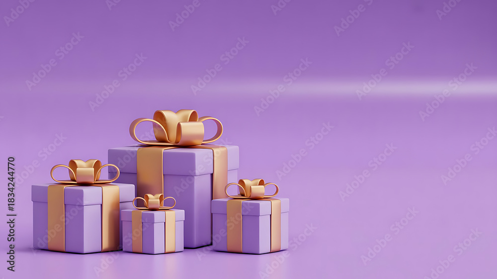 Obraz premium Four purple gift boxes with gold ribbons and bows on a purple background in a studio setting