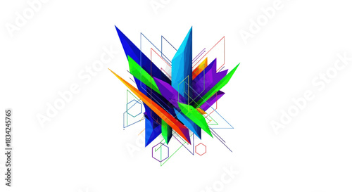 Vibrant Geometric Crystal Formation with Wireframe Structure.