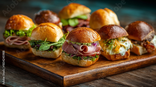 A wooden board displaying an assortment of gourmet sliders with various fillings and toppings