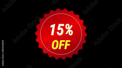 Red 15% off discount badge on a black background. Icon transparent motiongraphic video