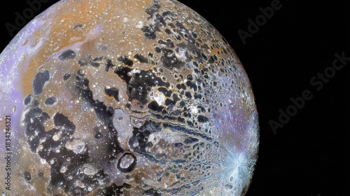 tennessine. Detailed view of the icy, cratered surface of a moon in deep space. STEM education sheets, lab safety posters, designed for biotech research communications.