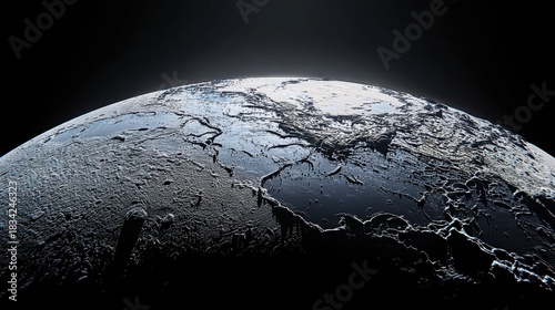 tennessine. Detailed view of the icy, cratered surface of a moon in deep space. STEM education sheets, lab safety posters, designed for biotech research communications.