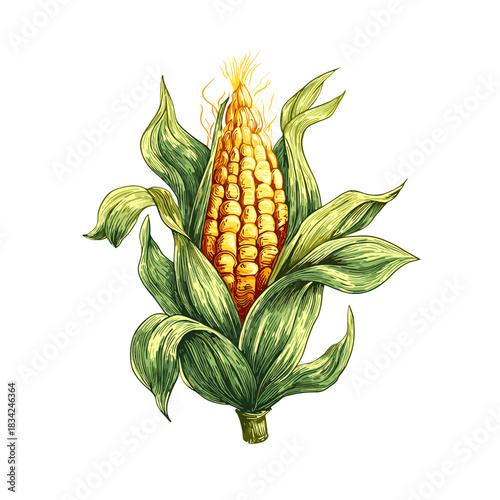 Vector illustration of a rustic ear of corn with the husk