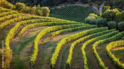 fiano. Curved grape vines on an Italian hillside during sunset, warm golden light. inspiring travel planning, gardening catalogs, designed for gardening and botanical catalogs, used by architects.