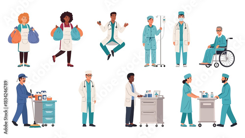 Diverse healthcare and cleaning professionals team illustration isolated on transparent background