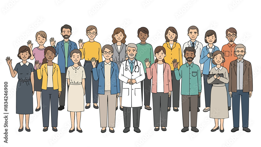 Obraz premium Diverse team of professionals waving hello illustration ideal for showcasing collaboration