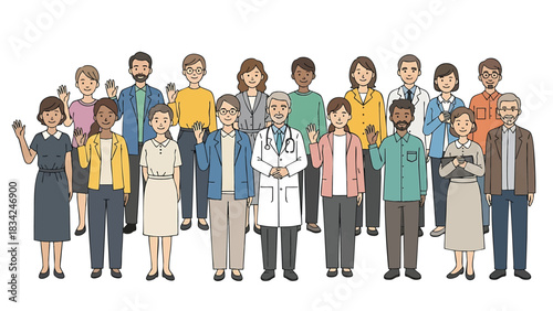 Diverse team of professionals waving hello illustration ideal for showcasing collaboration