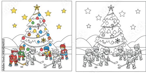Coloring book page and colored example of kids playing ice hockey; happy children team game near christmas tree; vector illustration for winter holiday activity