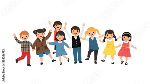 Group of cheerful cartoon diverse children happily waving hands together vector