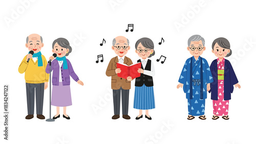 Joyful elderly couples enjoy hobbies together isolated on transparent background illustration