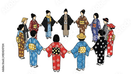Multicultural community  People of different nationalities stand in a circle wearing traditional clothing