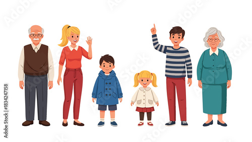 Multigenerational cartoon family portrait of grandparents parents and children vector illustration