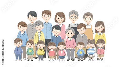 Multigenerational family portrait illustration with grandparents parents and children together on white background