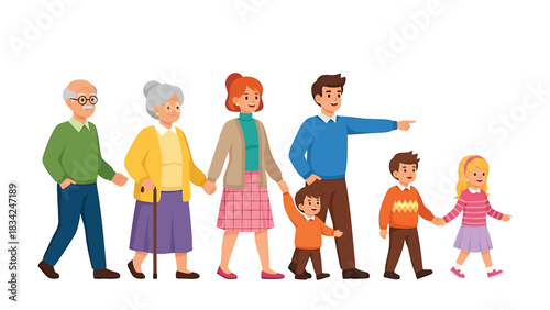 MultiGenerational Family Walk Together Holding Hands isolated on transparent background illustration