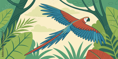 Stunning macaw soaring through lush jungle greenery, vibrant tropical illustration perfect for nature lovers and exotic travel designs, originally vector graphics