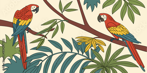 Vibrant tropical illustration of scarlet macaws perched among lush foliage, perfect for adding a bold, exotic touch to designs and bringing nature indoors