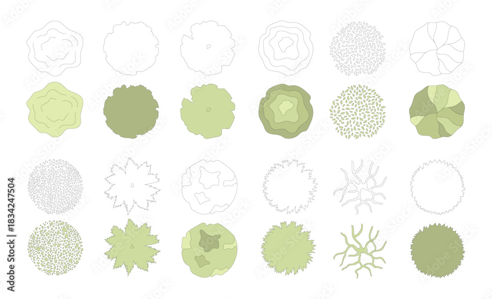 Obraz premium Top view trees for architectural plans and landscape design. Minimal vector illustration for urban planning, site plans, and architectural entourage.